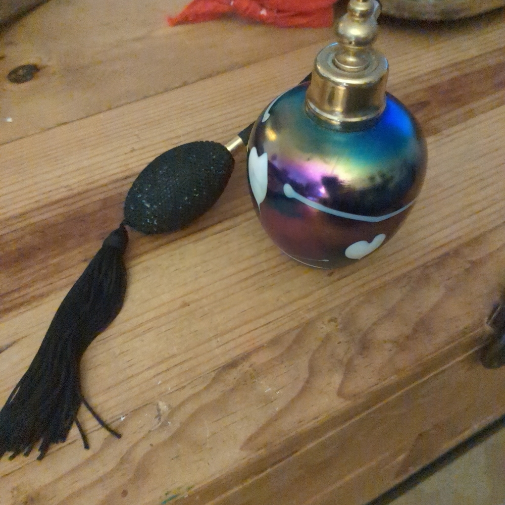 Carnival Glass Perfume Bottle Atomizer Vintage Iridescent Blue with Black pump
